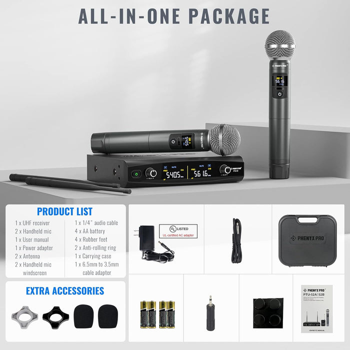 Phenyx Pro PTU-52-2H Dual Wireless Microphone System w/ Frequency Hopping (500-590 MHz)