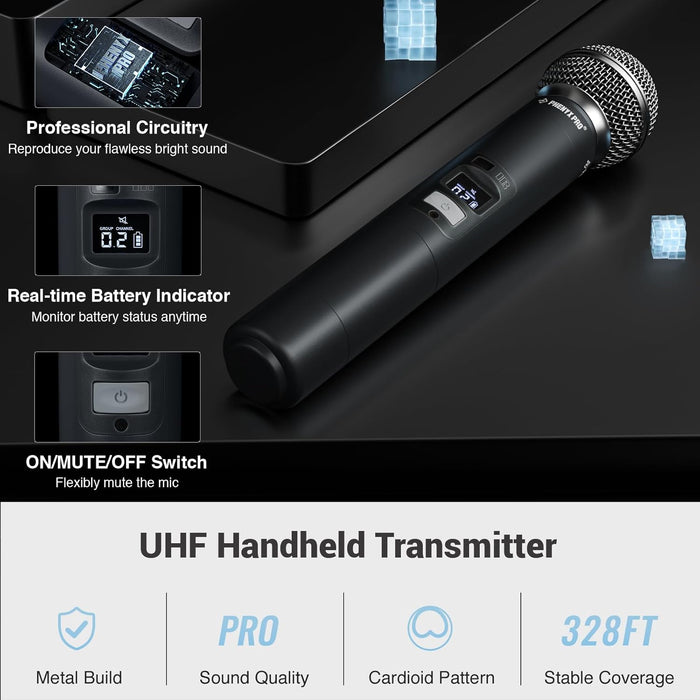 Phenyx Pro PTU-71-2H Dual Wireless Handheld Microphone System, 100 UHF Frequencies 530-580MHz