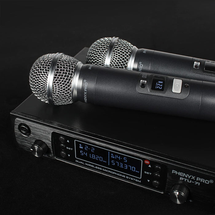 Phenyx Pro PTU-71-2H Dual Wireless Handheld Microphone System, 100 UHF Frequencies 530-580MHz