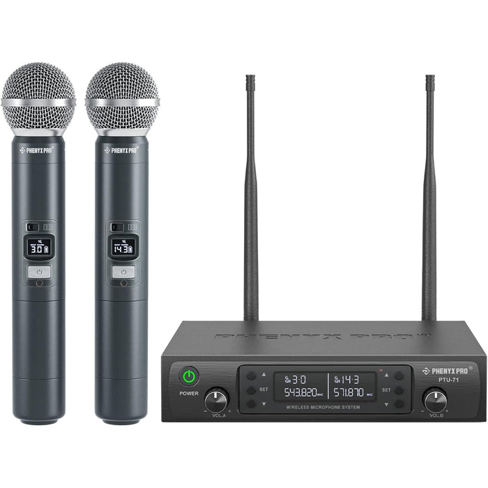 Phenyx Pro PTU-71-2H Dual Wireless Handheld Microphone System, 100 UHF Frequencies 530-580MHz