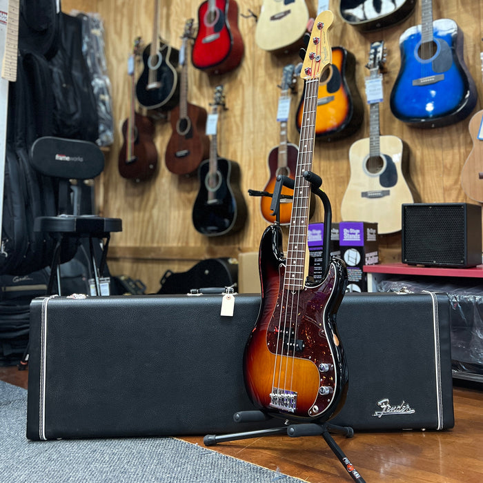 USED 2015 Fender American Standard Precision Electric Bass, Rosewood, 3 Tone Sunburst w/ Hard Case