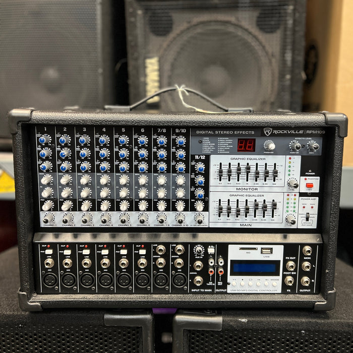 USED Rockville RPM109 Powered Mixer w/ Speakers and Stands PA System